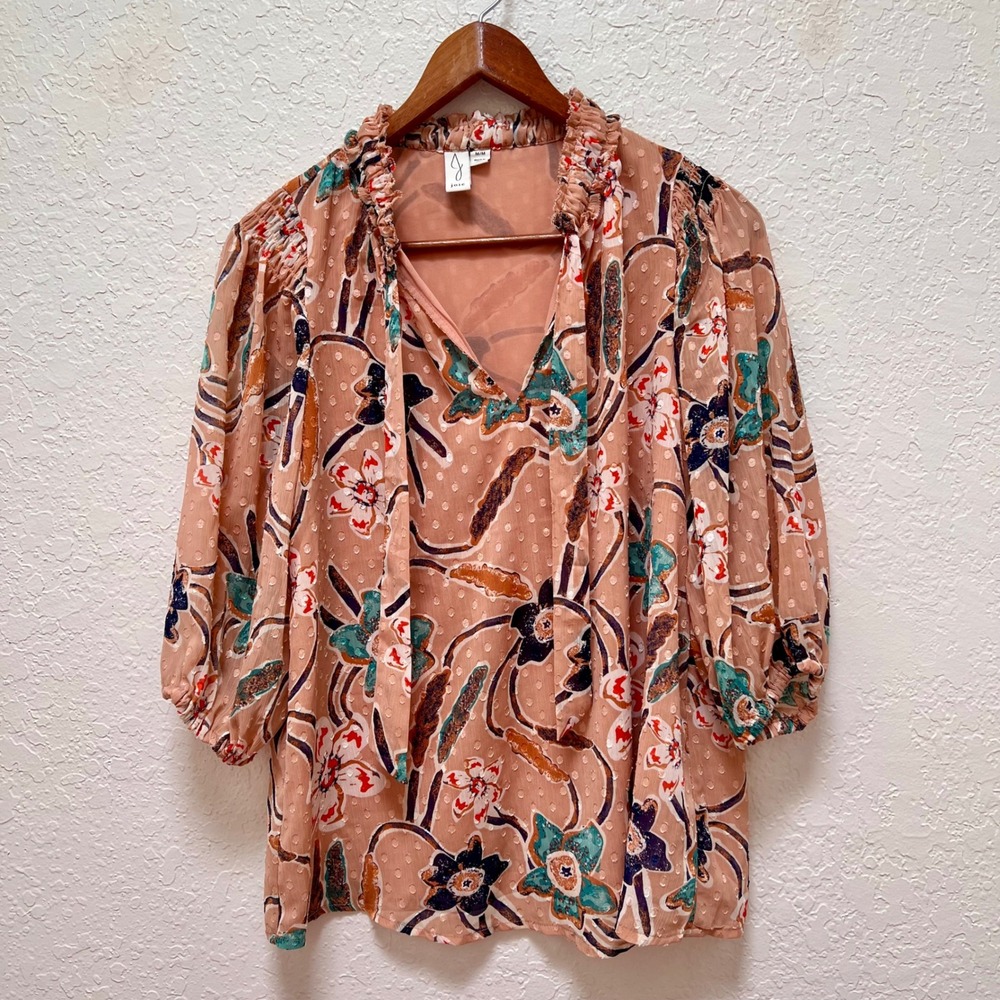 Joie Floral Ruffle Neck Coquette Tie Blouse‎ Peach Medium Boho Chiffon